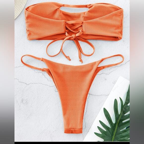 ZAFUL Ribbed Lace Up Bandeau String Bikini Swimsuit - Orange L NWT - Picture 3 of 8